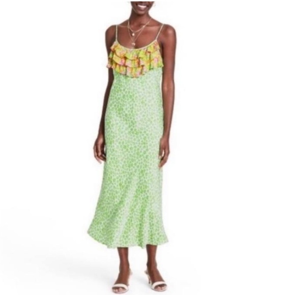 Rixo x Target Green and White Leopard Print Midi Dress With Ruffle Detail SZ S - Picture 1 of 9